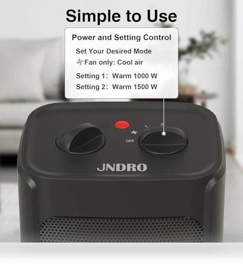 Portable Electric Space Heater with Thermostat - 1500W/750W Quiet Ceramic Mini Heater Fan — Portable Heating Solutions, JNDRO