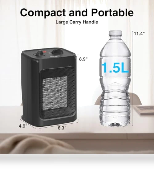 Portable Electric Space Heater with Thermostat - 1500W/750W Quiet Ceramic Mini Heater Fan — Portable Heating Solutions, JNDRO