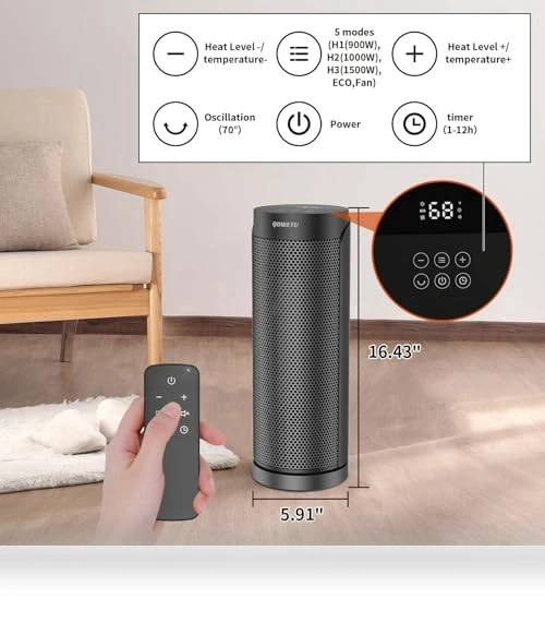 Portable Ceramic Space Heater with Remote, 1500W, 70° Oscillation — Portable Heating Solutions, QOWETU