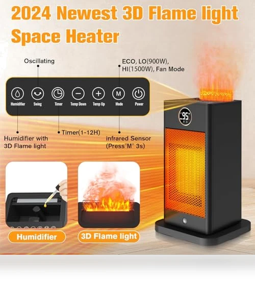 1500W PTC Fast Heating Space Heater with Humidifier and 3D Flame Effect — Portable Heating Solutions, Verminget