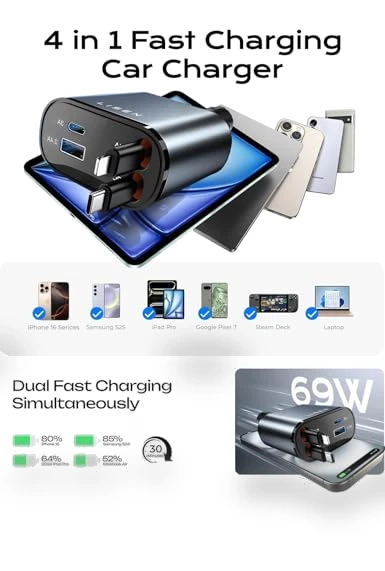 Retractable Car Charger 69W USB C Fast Charging Adapter — Charging Solutions, LISEN
