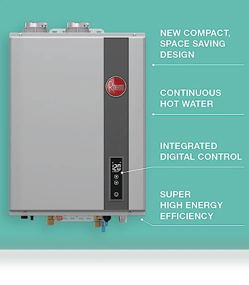9.5 GPM Residential Indoor Natural Gas Tankless Water Heater — Gas-Powered Room Warmers, Rheem