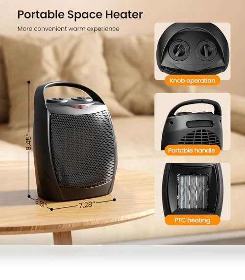 Small Electric Space Heater with Adjustable Thermostat, Portable Ceramic Heater Fan for Office — Portable Heating Solutions, Kismile