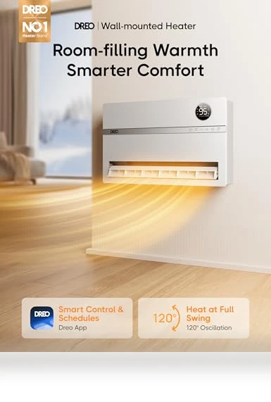Smart Wall Heater with Remote Control, 1500W Electric Space Heater for Bedroom — Portable Heating Solutions, Dreo