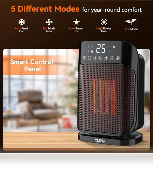 Space Heater with Thermostat and Remote, 1500W PTC Ceramic Heater for Indoor Use — Portable Heating Solutions, YASHE