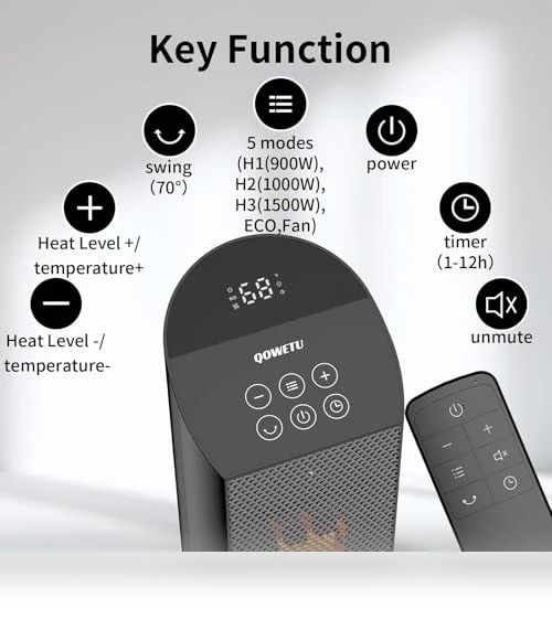 70° Oscillating Tower Electric Heater with Remote — Portable Heating Solutions, QOWETU