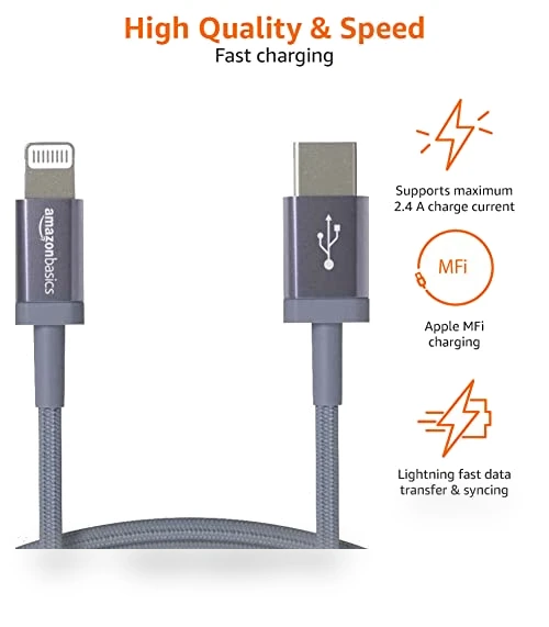 MFi Certified Fast Charging USB-C to Lightning Nylon Braided Charger Cable — Lightning, Amazon Basics