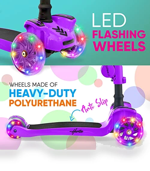 3-Wheeled Scooter for Kids with LED Lights and Adjustable Handlebar — Balance Bikes, Hurtle