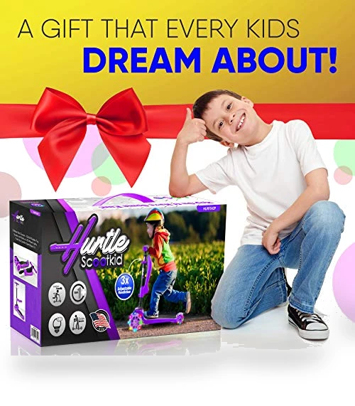 3-Wheeled Scooter for Kids with LED Lights and Adjustable Handlebar — Balance Bikes, Hurtle