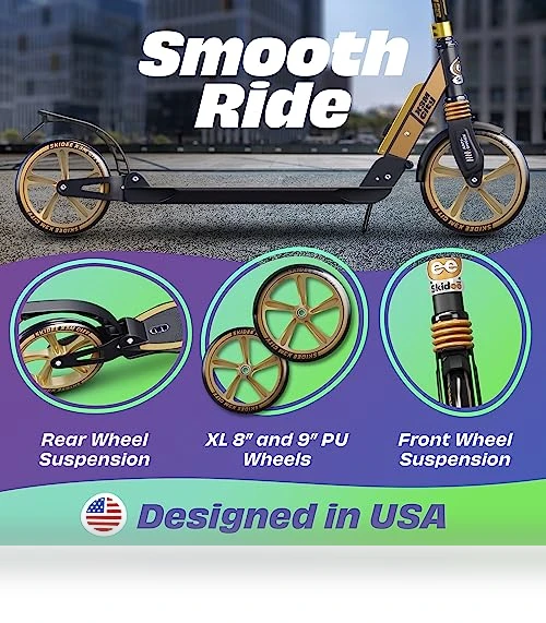 Adjustable Height Folding Scooter with Large Wheels and Anti-Shock Suspension — Push Scooters, SKIDEE