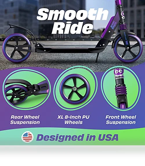 Adjustable Height Folding Scooter with Large Wheels and Anti-Shock Suspension — Push Scooters, SKIDEE