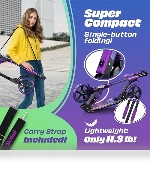 Adjustable Height Folding Scooter with Large Wheels and Anti-Shock Suspension — Push Scooters, SKIDEE