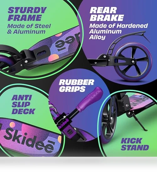 Adjustable Height Folding Scooter with Large Wheels and Anti-Shock Suspension — Push Scooters, SKIDEE