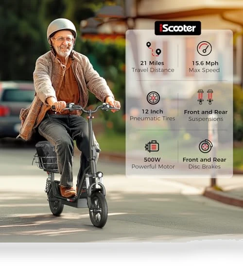 Electric Scooter with Seat, 21 Miles Long Range & 15.6 MPH Top Speed, 12" Pneumatic Tire, Dual Suspensions — Electric Vehicles, iScooter