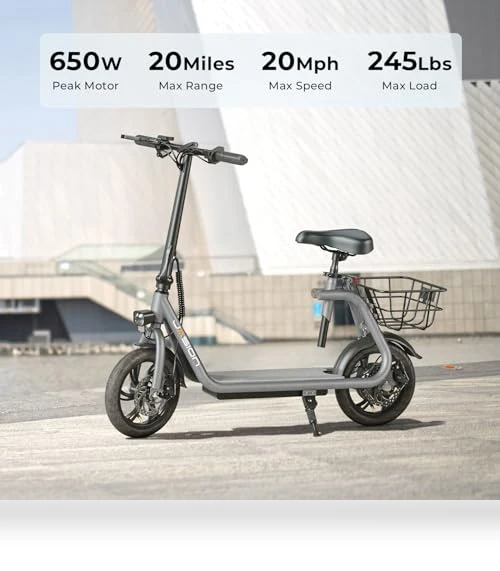 Electric Scooter with Seat, 650W Motor, 20 Miles Range, Foldable E-Scooter for Adults — Electric Vehicles, Jasion