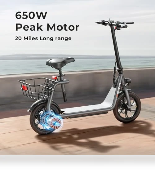 Electric Scooter with Seat, 650W Motor, 20 Miles Range, Foldable E-Scooter for Adults — Electric Vehicles, Jasion