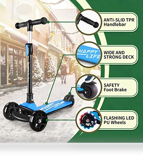3 Wheel Kick Scooter for Kids with LED Light Wheels and Adjustable Height — Push Scooters, besrey