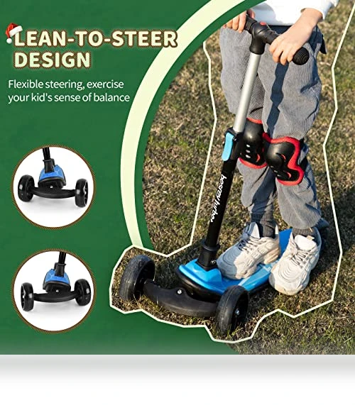 3 Wheel Kick Scooter for Kids with LED Light Wheels and Adjustable Height — Push Scooters, besrey