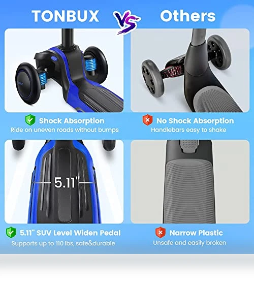 Kids Scooter with Light Up Wheels, Adjustable Handlebar for Ages 3-12 — Push Scooters, TONBUX