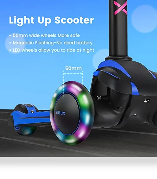Kids Scooter with Light Up Wheels, Adjustable Handlebar for Ages 3-12 — Push Scooters, TONBUX