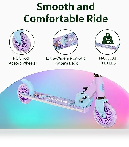 V2 Scooters for Kids with Light-Up Wheels & Adjustable Height, Foldable Kick Scooter for Children Ages 3-12 — Push Scooters, BELEEV