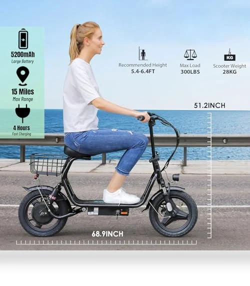 Peak 1200W Electric Scooter with Seat, 30Miles Range, 20MPH Top Speed, Foldable — Electric Self-Balancing Scooters, Caroma