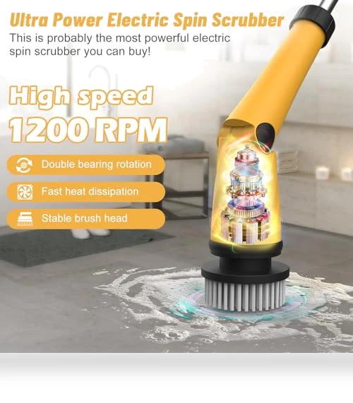 1200 RPM Battery Electric Spin Scrubber with 8 Brushes and Smart Display — Electric Facial Cleansers & Devices, qimedo