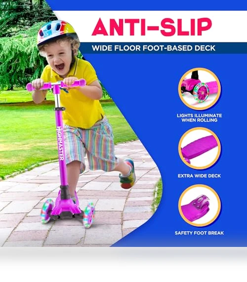 3 Wheel Kick Scooter for Kids with LED Lights and Adjustable Handlebar — Electric Vehicles, HighMaster