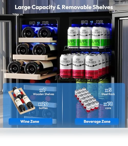 Dual Zone Wine and Beverage Refrigerator Cooler, 24 inch, 78 Cans and 20 Bottles Capacity — Drink Coolers, Empava