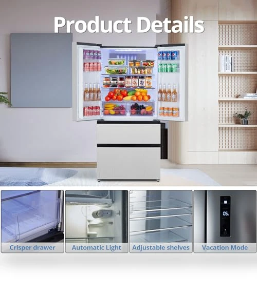 French Door Refrigerator, 18.8Cu.Ft Large Capacity Kitchen Fridge — Mini Fridges, PioneerWorks