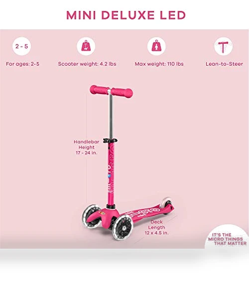 Mini Deluxe LED Three-Wheeled Lean-to-Steer Scooter — Balance Bikes, Micro