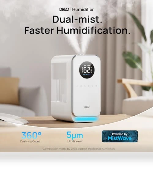 Smart Quiet Cool Mist Humidifier for Large Room, 5L with Alexa/Google — Air Moisturizers, Dreo