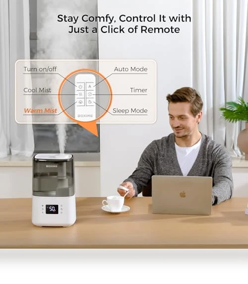 Warm and Cool Mist Humidifier with Remote, 4.5L — Air Moisture Control, BOXING