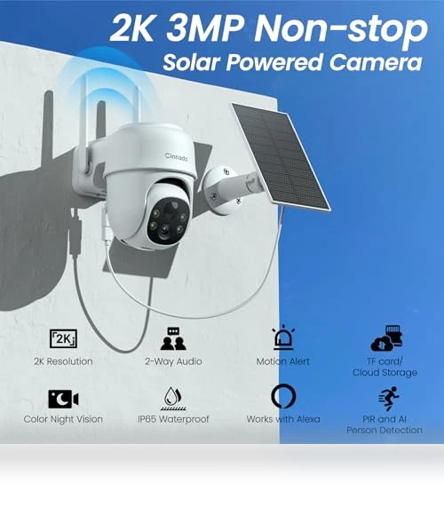 2K Outdoor Security Camera with Solar Power, 360° Viewing, Human Detection — Smart Home Security, cinnado