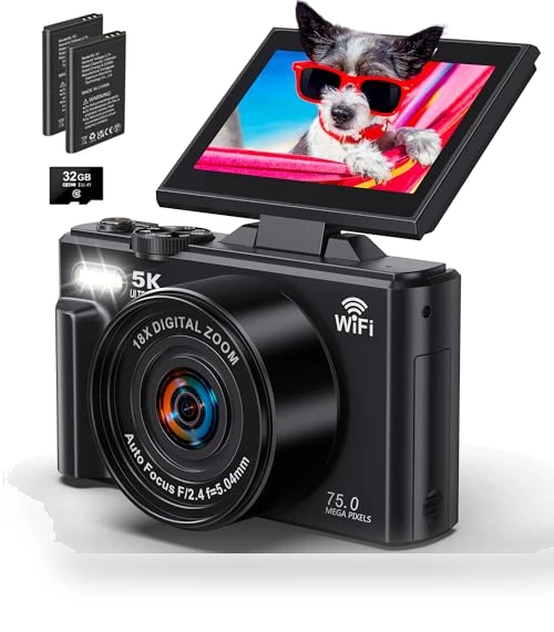 5K UHD & 75MP Digital Camera with WiFi, 18X Zoom, Flip Screen — Compact Digital Cameras