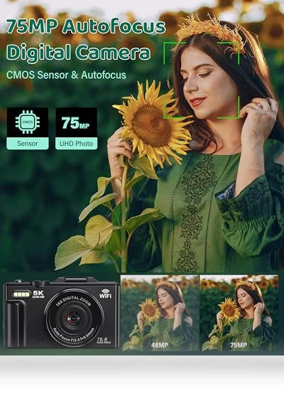 5K UHD & 75MP Digital Camera with WiFi, 18X Zoom, Flip Screen — Compact Digital Cameras