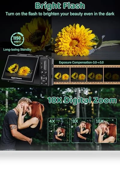 5K UHD & 75MP Digital Camera with WiFi, 18X Zoom, Flip Screen — Compact Digital Cameras