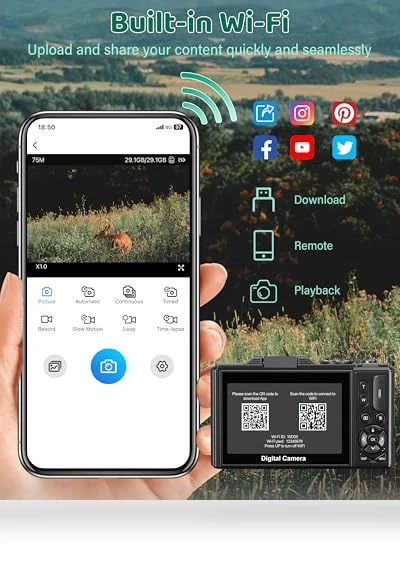 5K UHD & 75MP Digital Camera with WiFi, 18X Zoom, Flip Screen — Compact Digital Cameras