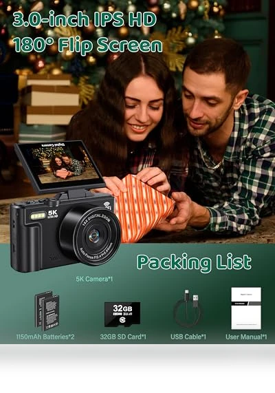 5K UHD & 75MP Digital Camera with WiFi, 18X Zoom, Flip Screen — Compact Digital Cameras