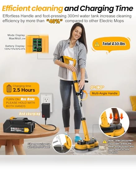 6000mAh Battery Electric Mop with Smart Display and LED Light — Cordless Vacuums & Sweepers, qimedo