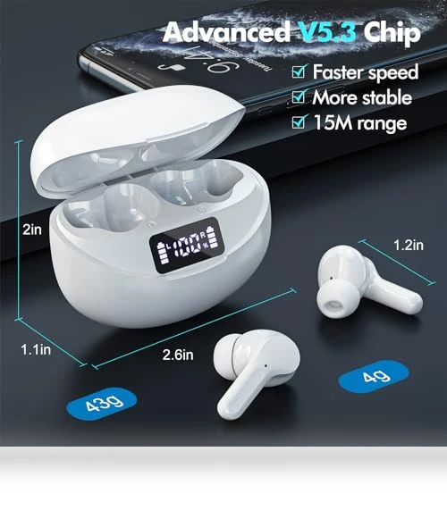 Bluetooth 5.3 Wireless Earbuds with ENC Noise Cancelling Mic — In-Ear Headphones, Bcaikair