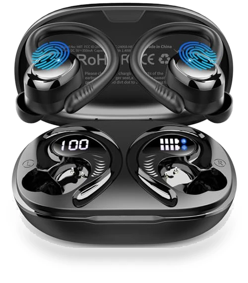 Bluetooth 5.4 Wireless Earbuds with Earhooks, 50H Playtime, ENC Noise Canceling, IP7 Waterproof — In-Ear Headphones, Hupoaf