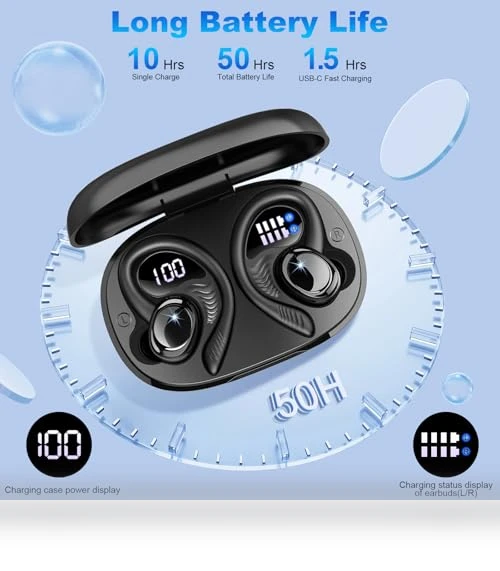 Bluetooth 5.4 Wireless Earbuds with Earhooks, 50H Playtime, ENC Noise Canceling, IP7 Waterproof — In-Ear Headphones, Hupoaf