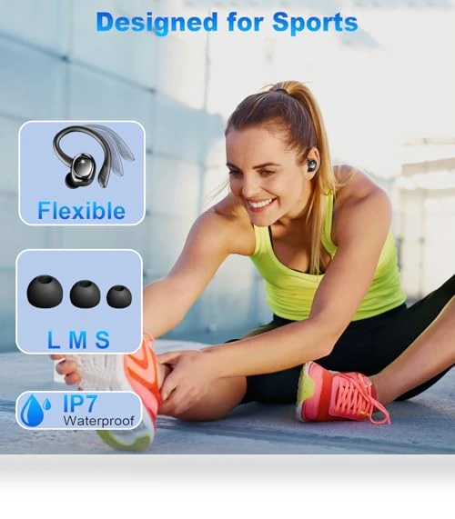 Bluetooth 5.4 Wireless Earbuds with Earhooks, 50H Playtime, ENC Noise Canceling, IP7 Waterproof — In-Ear Headphones, Hupoaf