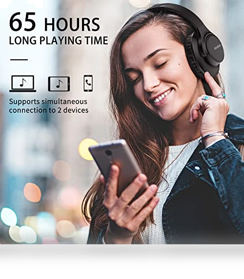 Bluetooth Headphones Over Ear, 65 Hours Playtime with Deep Bass — In-Ear Headphones, KVIDIO