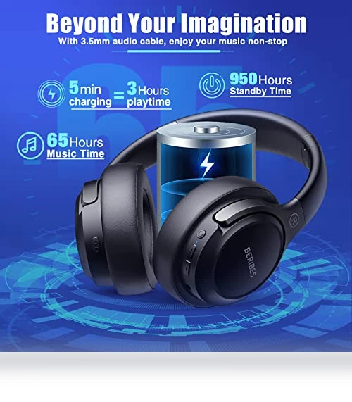 Bluetooth Headphones Over Ear with 65H Playtime, 6 EQ Modes, HiFi Stereo — In-Ear Headphones, BERIBES