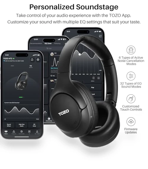 Hybrid Active Noise Cancelling Headphones, Wireless Over Ear Bluetooth Headset, 60H Playtime, Hi-Res Audio — In-Ear Headphones, TOZO