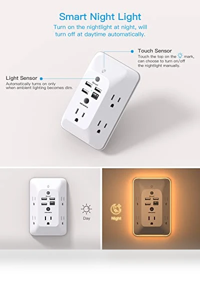 Outlet Extender with Night Light, Multi Plug Outlet, USB Wall Charger Surge Protector — Power Solutions & Surge Protection, HANYCONY