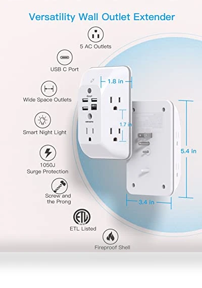 Outlet Extender with Night Light, Multi Plug Outlet, USB Wall Charger Surge Protector — Power Solutions & Surge Protection, HANYCONY