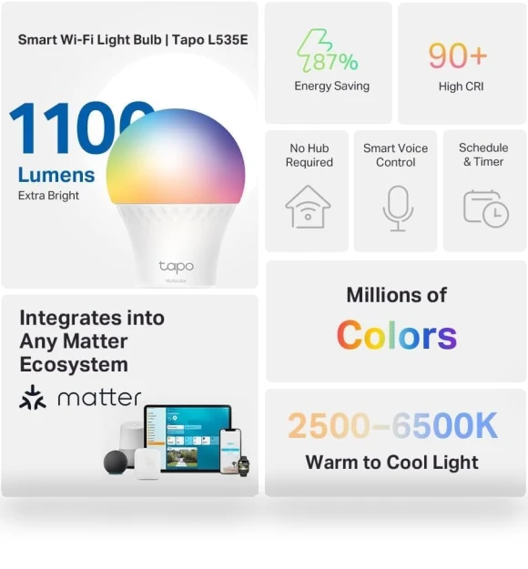 Smart Light Bulbs 16M Colors WiFi, Dimmable, Matter-Certified — LED, Tapo